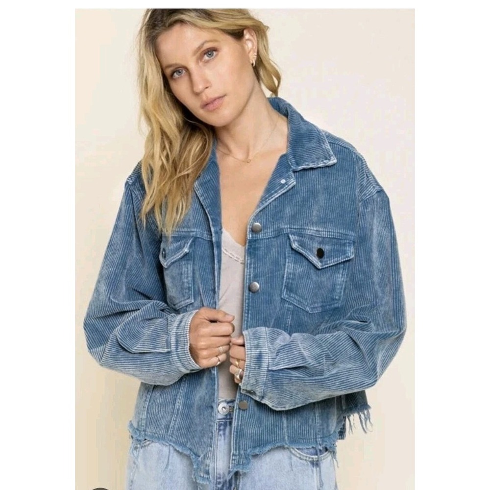 POL Clothing Sea Blue Corduroy Frayed Raw Hem Jacket Sz L Hippie Boho Moto Grung